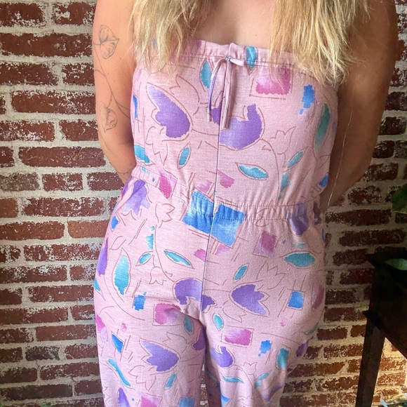 Vintage 80s lightweight strapless pink abstract floral jumpsuit - Picture 7 of 10